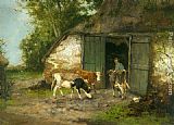 Farmer and Cattle by a Stable by Johan Frederik Cornelis Scherrewitz